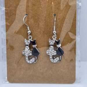 Cat Love Earrings White Gold Plating with Clear Crystals